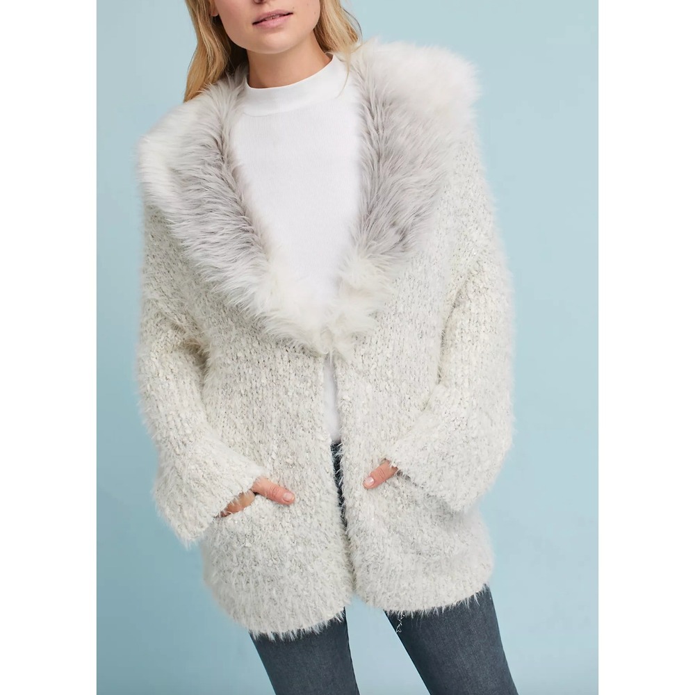 SLEEPING ON SNOW x ANTHROPOLOGIE Faux Fur-Collared Cardigan Sweater
